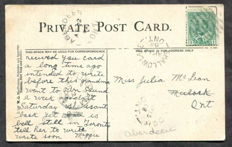 1106 - ABERDEEN, SHALLOW LAKE, & MULOCK Grey Broken Circles on 1908 Postcard