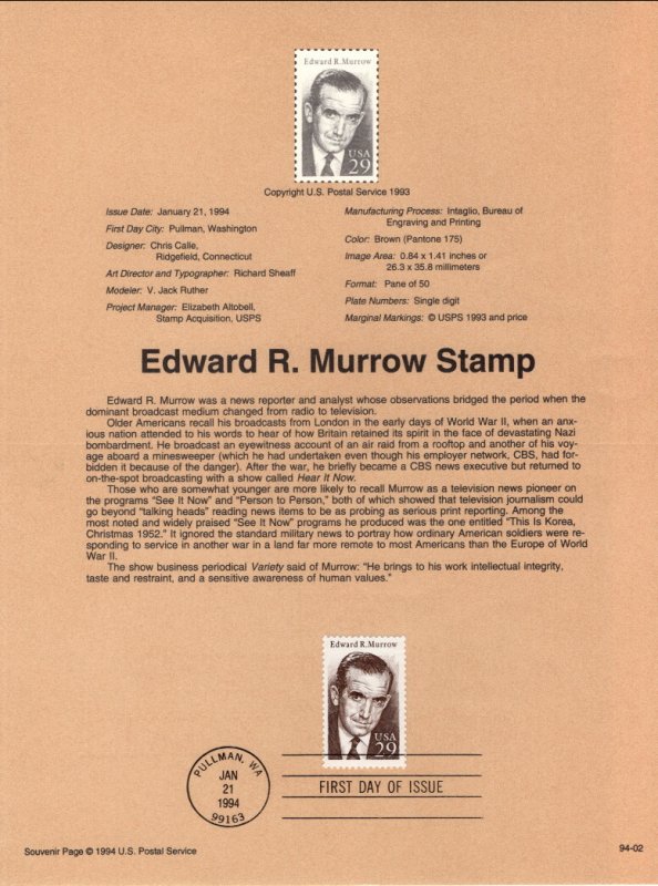 US SP1059 Edward R Murrow 2812 Souvenir Page FDC