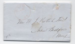 1850 Bath ME red CDS stampless folded letter small 5 rate handstamp [6432.107]