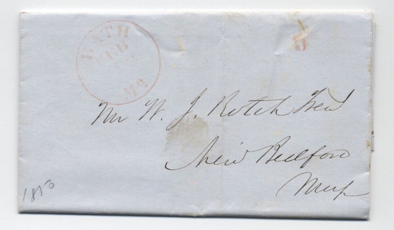 1850 Bath ME red CDS stampless folded letter small 5 rate handstamp [6432.107]