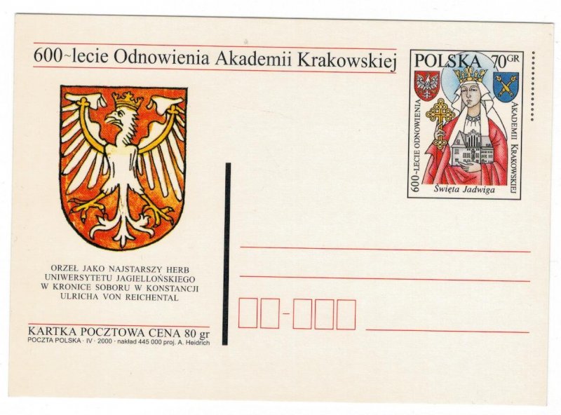 Poland 2000 Postal Stationary Postcard Stamp MNH Jagiellonian University Queen