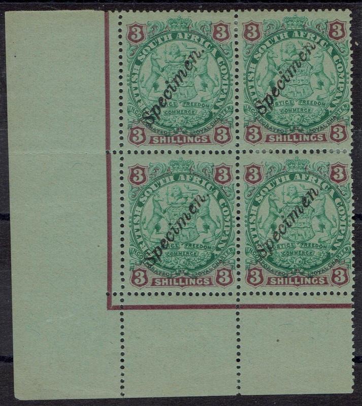 RHODESIA 1896 - 97 ARMS SPECIMEN 3/- BLOCK 