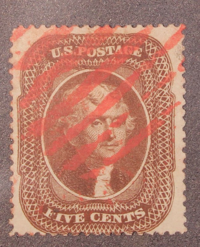 Scott 30a - 5 Cents Jefferson - Used - Nice Stamp - Red Cancel - SCV - $355.00