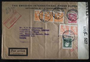 1944 Stockholm Sweden Press Bureau Censored cover To Vancouver Canada