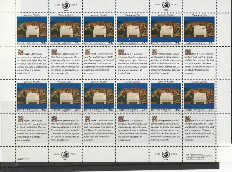 United Nations 1989 Human Rights Mint Never Hinged Stamps Sheet R18436