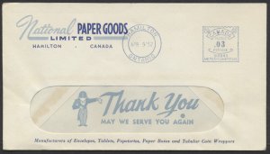 1952 Advertising Cover National Paper Goods Hamilton ONT Blue 3c Meter