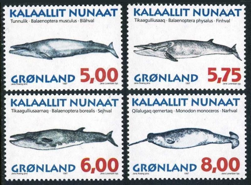 Greenland 319-322, 322a sheet, MNH. Michel 305-308, Bl.13. Whales 1997.