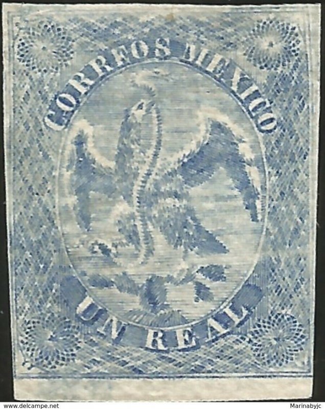 V. eb. p J) 1866 MEXICO, PROOF, UN REAL BLUE, IMPERIAL EAGLE, MN