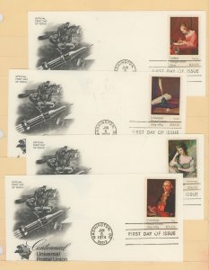 US 1530-33 1974 UPU centennial, paintings, FDC's 4 U/A FDC's