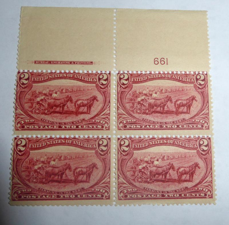 #285 2 cent Trans Mississippi plate block