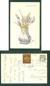 Denmark. Christmas Card 1917. 24 Dec. 3 Ore + Seal. Flowers In Vase. Copenh.