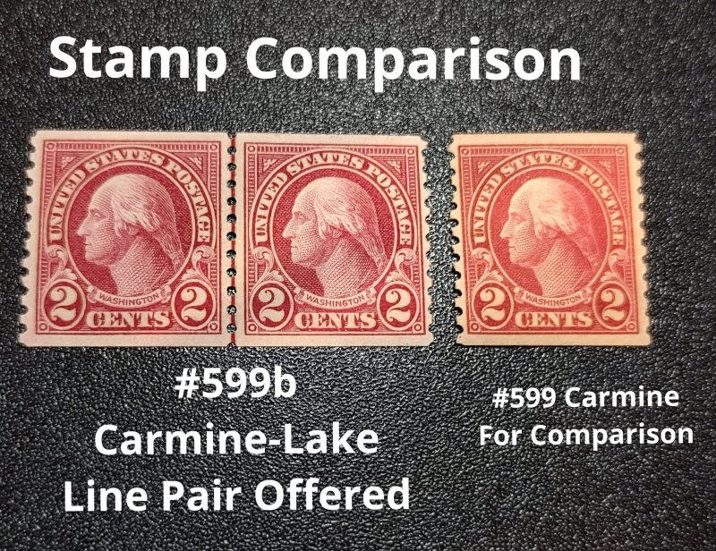 Scott Stamp# 599b-Washington 1923 2¢ Scarce Carmine Lake. JLP, MNH OG. SCV $950