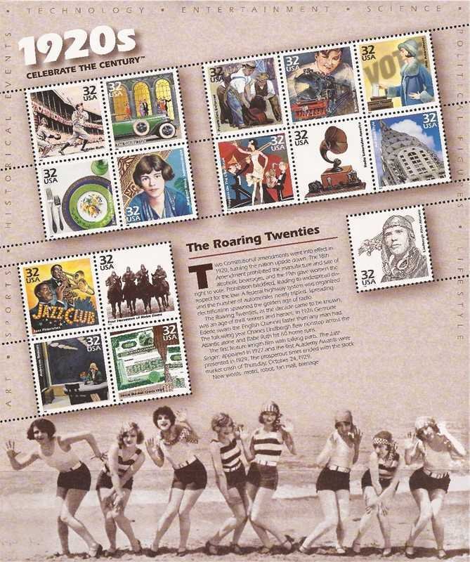 US Stamp 1998 Celebrate the Century 1920s 15 Stamp Sheet #3184