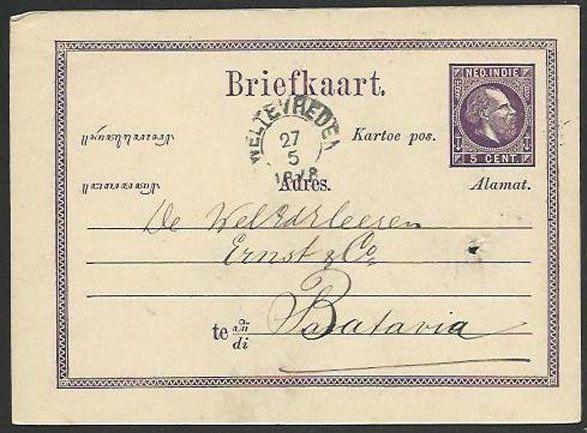 NETHERLANDS INDIES 1878 5c postcard VELTVREDEN to Batavia..................58462