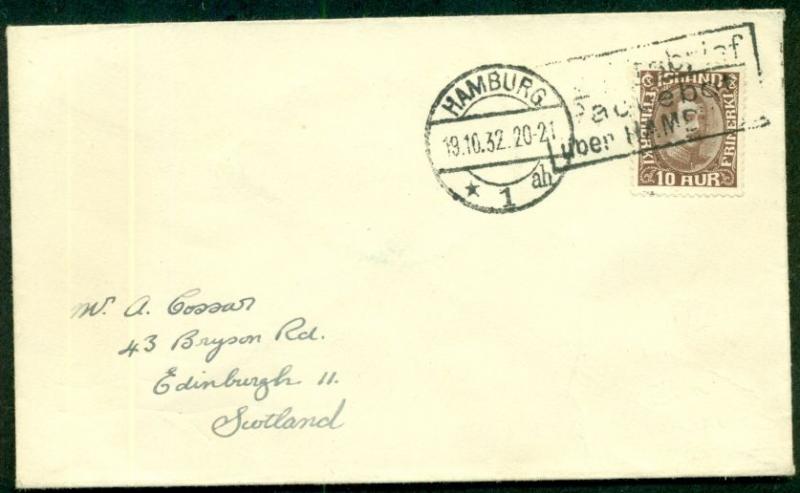 ICELAND 1932 Ship cover to SCOTLAND w/10aur tied by German ship cancel, VF