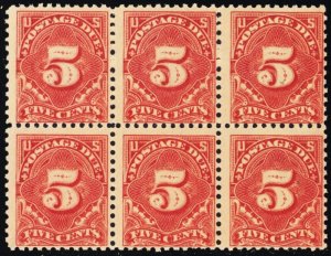 J64, Mint NH 5¢ Block of Six Postage Due Stamps SCV $195.00 * Stuart Katz