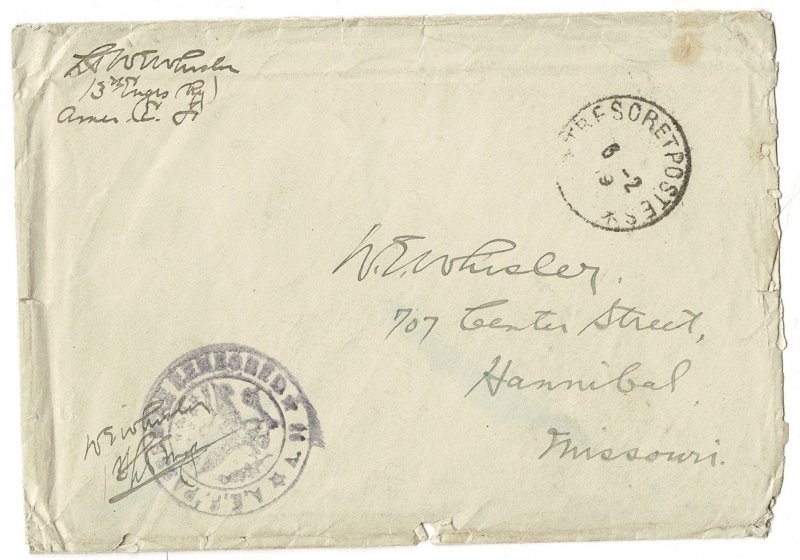 France 1919 censored cover to Hannibal MO