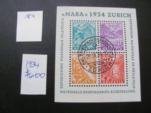 SWITZERLAND 1934 USED CERTIFIED MARCHAND SC 226 SOUVENIR SHEET XF $600 (188)