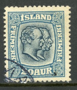 Iceland 1915 Two Kings 20a Blue Perf 14 Scott # 105 VFU D100