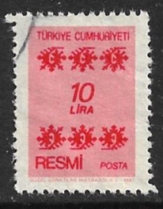 TURKEY 1981 10L Salmon and Red OFFICIAL Sc O162 VFU