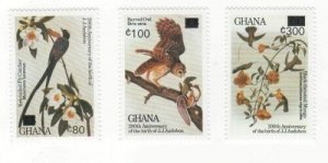 Ghana 1989 - Audobon, Birds REVAL OVPT - Set of 3 Stamps - Scott #1124-6 - MNH