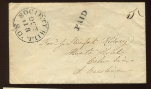 CSA Society Hill South Carolina Stampless 'PAID 5' Cover CSA CV $200 LV6694