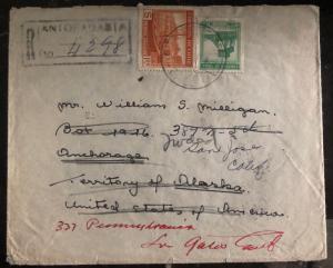 1941 Antofagasta Chile Registered cover to Anchorage Alaska Redirected