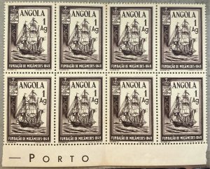 Angola 325 / 1949 1a Chocolate Brown Sailing Vessel Stamp 8 Block, MNH, Mint