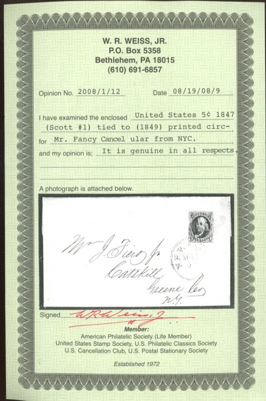 U.S. #1 USED ON COVER WITH WEISS CERT