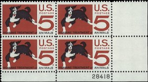 Scott # 1307 1966 5c redsh brn & blk Litho& Dog  Plate Block - Lower Right - ...