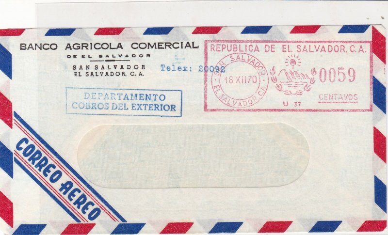 El Salvador 1970 Banco Agricola Commercial Airmail Stamps Cover ref R 17614 