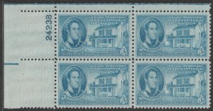 US 996 Indiana Territory 3c plate block 4 UL 24238 MNH 1950