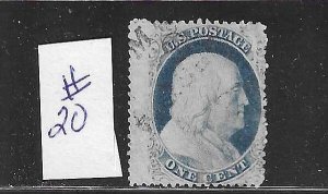 US #20 1857-61 FRANKLIN 1 CENT (BLUE) - USED