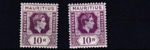 MAURITIUS  1938 - 49 SG 263 + 263A  2 X  10R  VALUES  MH CAT £97  