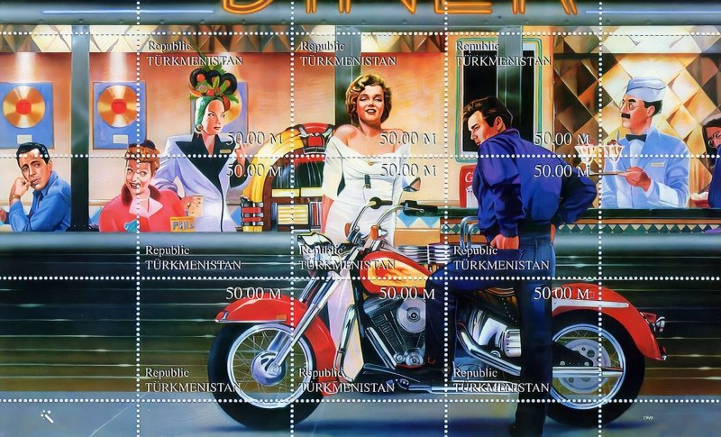 Turkmenistan 1999 Motorcycles/Marilyn Monroe/James Dean/Lucy Ball Sheetlet MNH