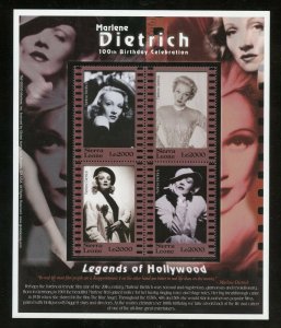 SIERRA LEONE LEGENDS OF HOLLYWOOD  100th BIRTH MARLENE  DIETRICH SHEET  MINT NH