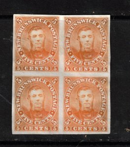 New Brunswick #5TC Very Fine Plate Proof Block In Orange On India Paper