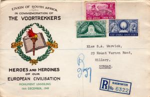 South Africa 1949 The Voortrekkers F.D.C. Registered to Natal Postal History