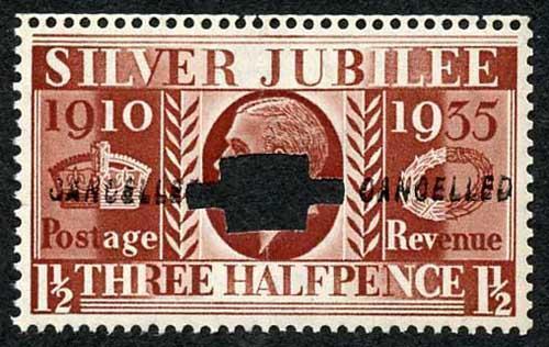 1935 Silver Jubilee 1 1/2d Opt Cancelled Twice Type 28 and Punched U/M Cat 300