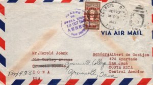 1949 COSTA RICA SINGLE FRANKING AIRMAIL RATE TO U.S.A. 35 CENTIMOS OVERPRINT