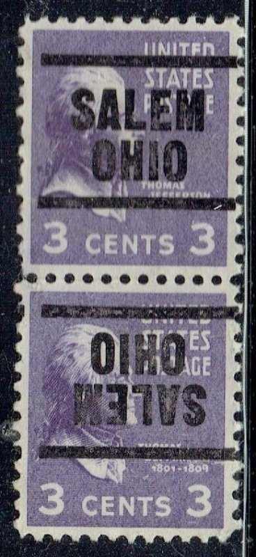 1938 3c Prexie Precancel ERROR f/SALEM OH(807-203) tête-bêche pair