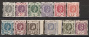 MAURITIUS 1938 KGVI set 2c-10R, 25c-10R on chalk surfaced paper. MNH **.