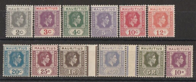 MAURITIUS 1938 KGVI set 2c-10R, 25c-10R on chalk surfaced paper. MNH **.