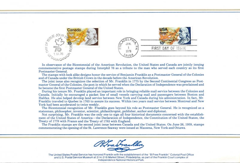Signed FDC Ceremony Program #1690 C1 Benjamin Franklin Map INTERPHIL Cancel