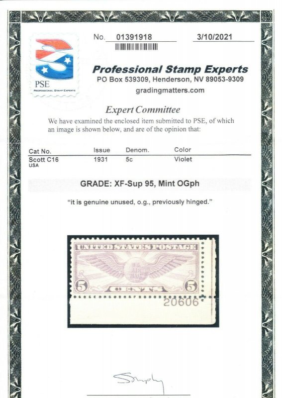 MOstamps - US #C16 Mint OG PH Grade 95 with PSE Cert - Lot # MO-2825 SMQ $50 