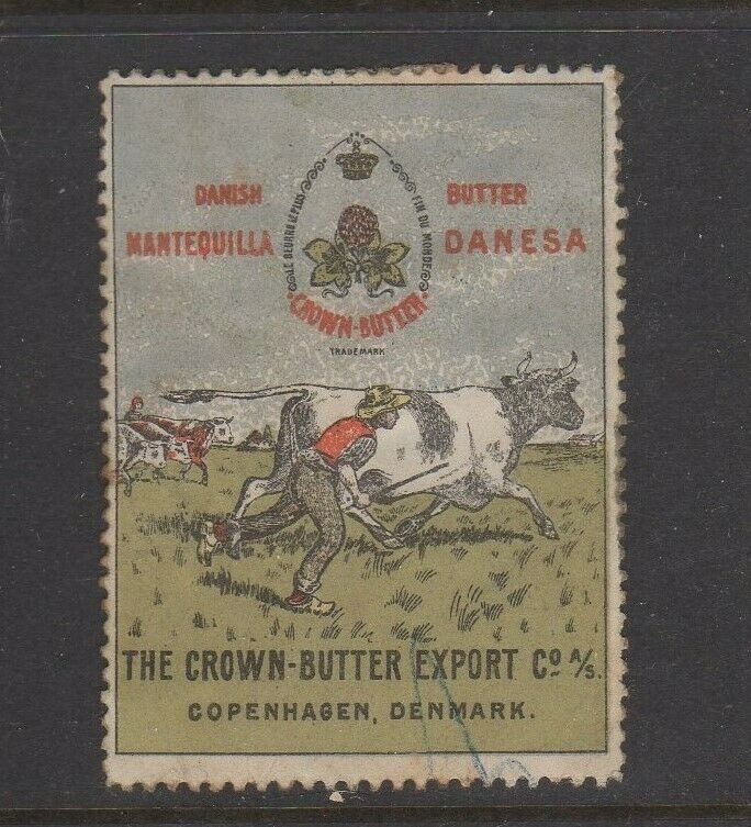 Denmark - Crown Butter Export Company Advertising Stamp, Man Chasing Cows - NG 
