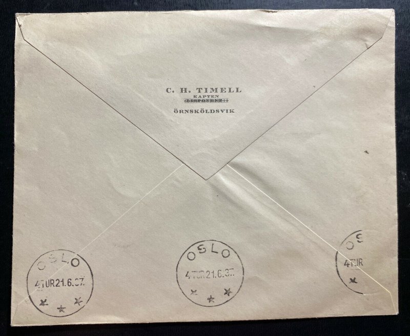 1937 Stockholm Sweden First Flight Airmail cover FFC To Oslo Norway
