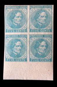 US Confederate States #6 JEFFERSON DAVIS 5c Lt Blue 1862 MNH OG BLOCK of 4