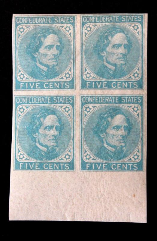 U.S. Confederate States Sc# 6  1862 JEFFERSON DAVIS 5c Lt Blue MNH OG BLOCK of 4