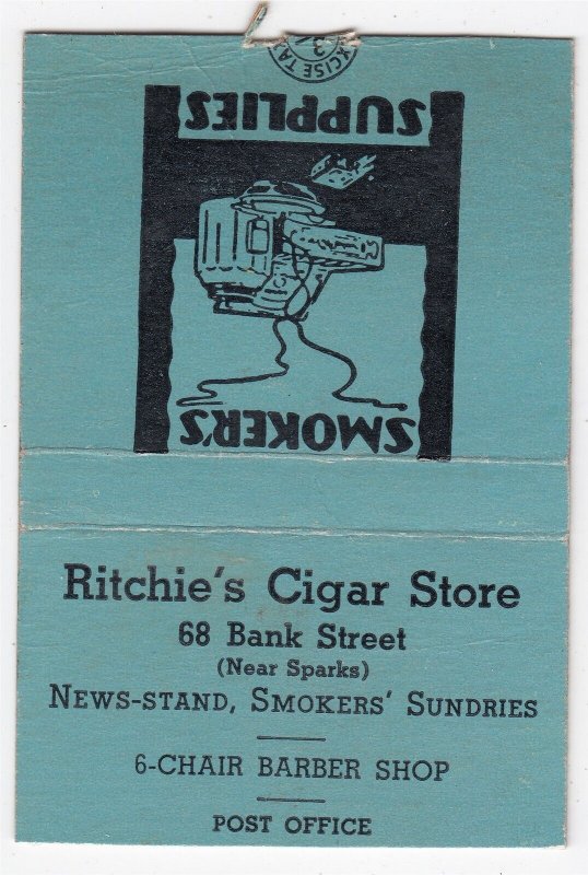 Canada Revenue 3/10¢ Excise Tax Matchbook RITCHIE'S CIGAR STORE Ottawa